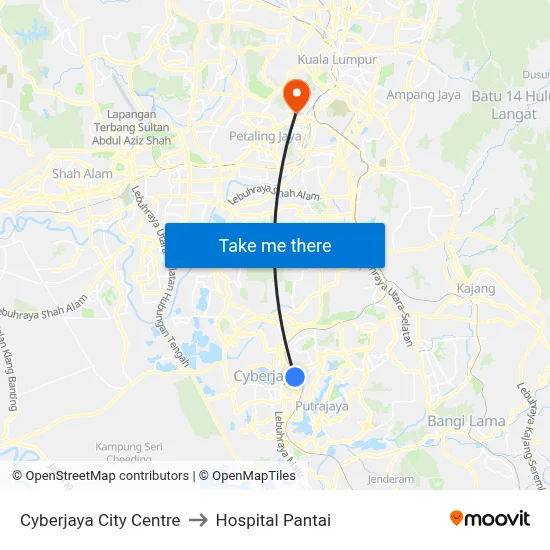 Cyberjaya City Centre to Hospital Pantai map