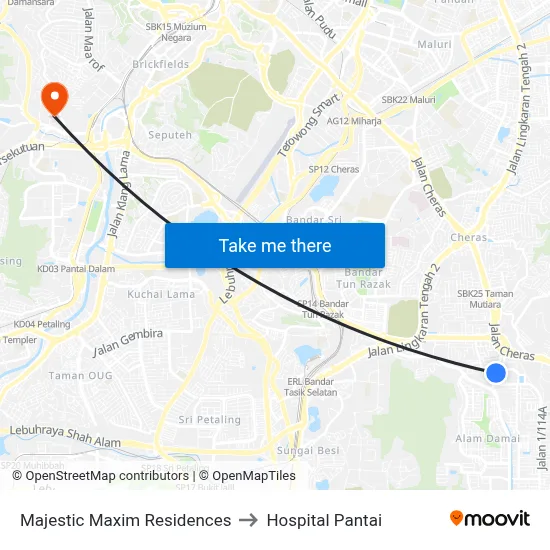 Majestic Maxim Residences to Hospital Pantai map
