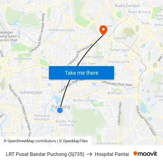 LRT Pusat Bandar Puchong (Sj735) to Hospital Pantai map