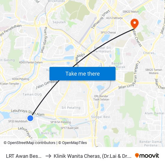 LRT Awan Besar (Kl2324) to Klinik Wanita Cheras, (Dr.Lai & Dr.Eee) Taman Pertama. map