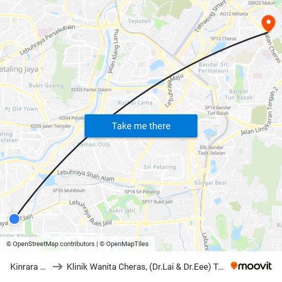 Kinrara B.K.5 to Klinik Wanita Cheras, (Dr.Lai & Dr.Eee) Taman Pertama. map