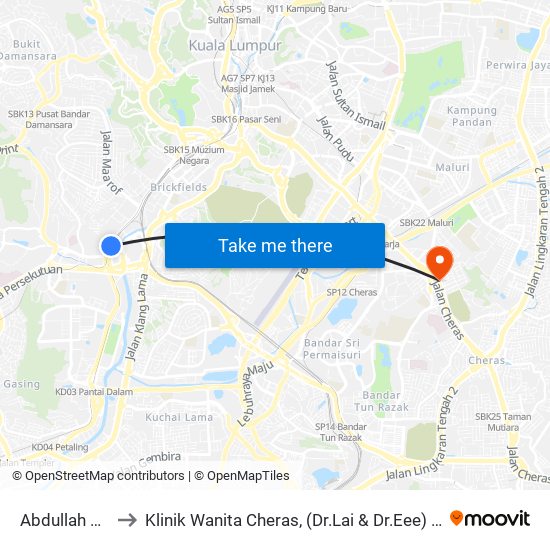 Abdullah Hukum to Klinik Wanita Cheras, (Dr.Lai & Dr.Eee) Taman Pertama. map