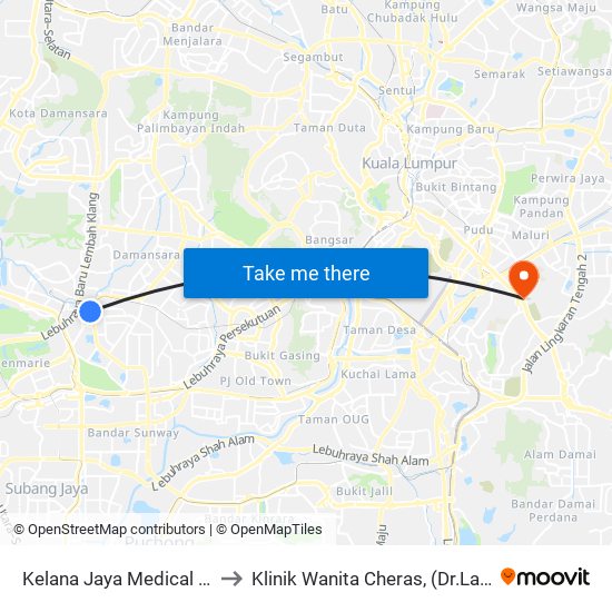 Kelana Jaya Medical Centre (Kjmc) (Pj602) to Klinik Wanita Cheras, (Dr.Lai & Dr.Eee) Taman Pertama. map
