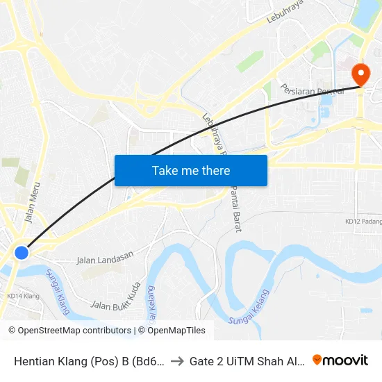Hentian Klang (Pos) B (Bd664) to Gate 2 UiTM Shah Alam map