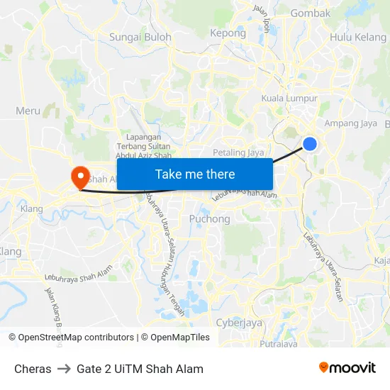 Cheras to Gate 2 UiTM Shah Alam map