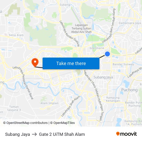 Subang Jaya to Gate 2 UiTM Shah Alam map