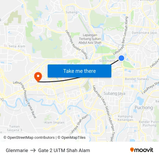 Glenmarie to Gate 2 UiTM Shah Alam map
