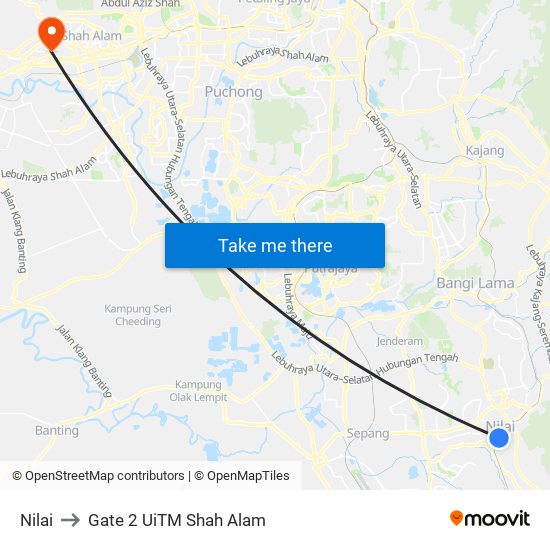 Nilai to Gate 2 UiTM Shah Alam map