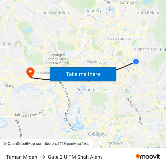 Taman Midah to Gate 2 UiTM Shah Alam map