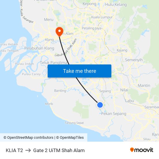 KLIA T2 to Gate 2 UiTM Shah Alam map