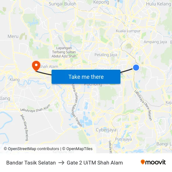 Bandar Tasik Selatan to Gate 2 UiTM Shah Alam map