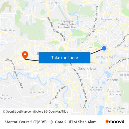 Mentari Court 2 (Pj605) to Gate 2 UiTM Shah Alam map