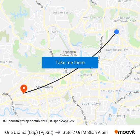 One Utama (Ldp) (Pj532) to Gate 2 UiTM Shah Alam map