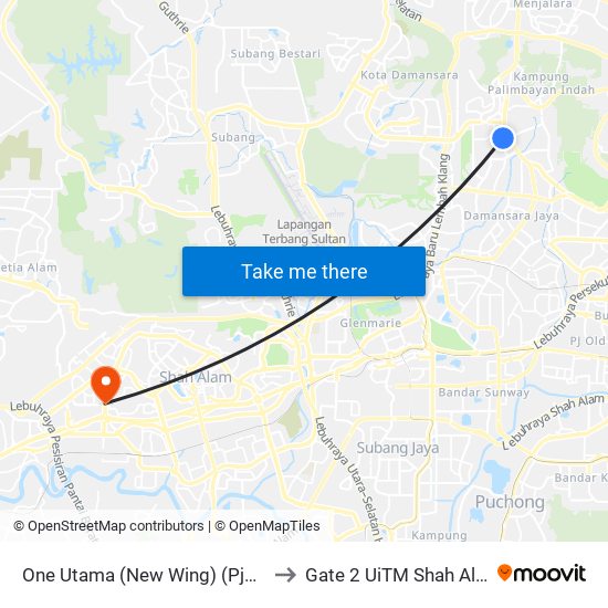 One Utama (New Wing) (Pj721) to Gate 2 UiTM Shah Alam map