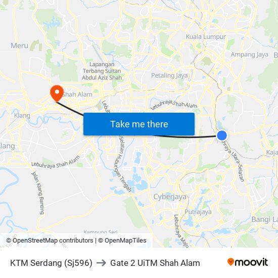 KTM Serdang (Sj596) to Gate 2 UiTM Shah Alam map