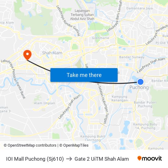 IOI Mall Puchong (Sj610) to Gate 2 UiTM Shah Alam map