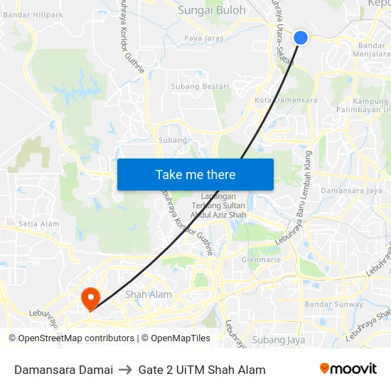 Damansara Damai to Gate 2 UiTM Shah Alam map