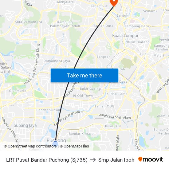 LRT Pusat Bandar Puchong (Sj735) to Smp Jalan Ipoh map