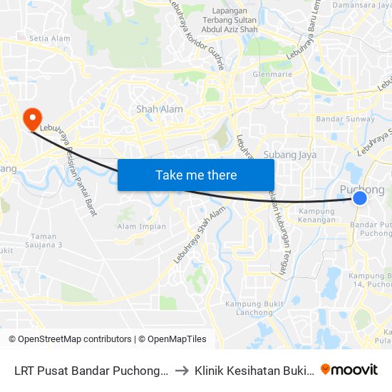 LRT Pusat Bandar Puchong (Sj735) to Klinik Kesihatan Bukit Kuda map