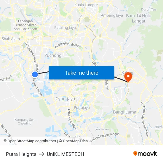 Putra Heights to UniKL MESTECH map