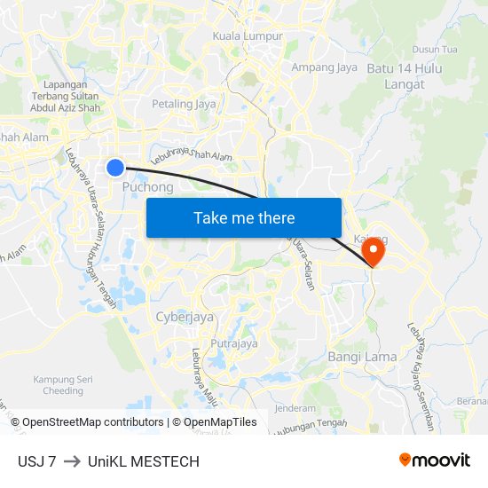 USJ 7 to UniKL MESTECH map