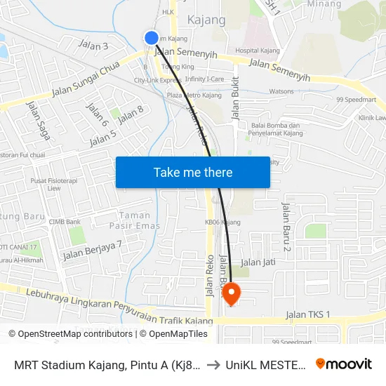 MRT Stadium Kajang, Pintu A (Kj822) to UniKL MESTECH map