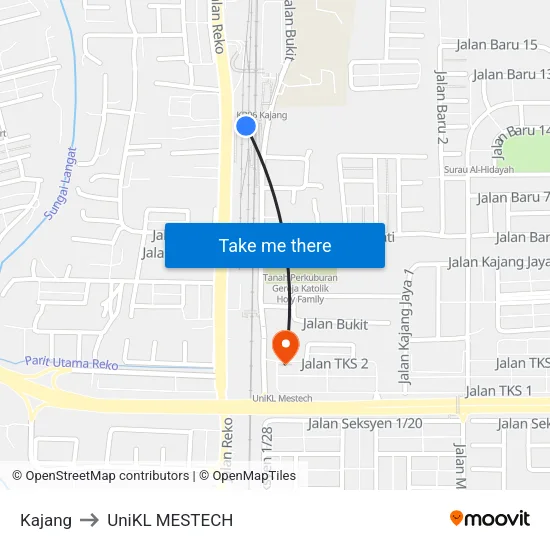 Kajang to UniKL MESTECH map