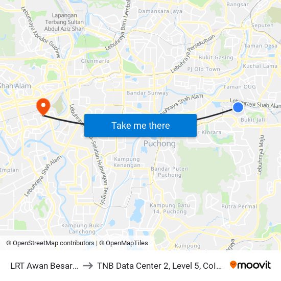 LRT Awan Besar (Kl2324) to TNB Data Center 2, Level 5, CoIT, UNITEN Bangi. map