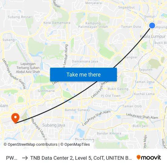 PWTC to TNB Data Center 2, Level 5, CoIT, UNITEN Bangi. map