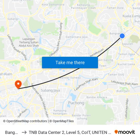 Bangsar to TNB Data Center 2, Level 5, CoIT, UNITEN Bangi. map