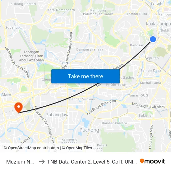 Muzium Negara to TNB Data Center 2, Level 5, CoIT, UNITEN Bangi. map
