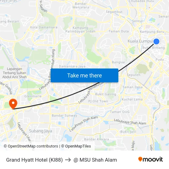 Grand Hyatt Hotel (Kl88) to @ MSU Shah Alam map