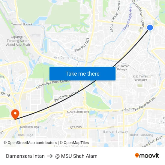 Damansara Intan to @ MSU Shah Alam map