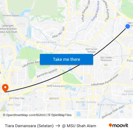 Tiara Damansara (Selatan) to @ MSU Shah Alam map