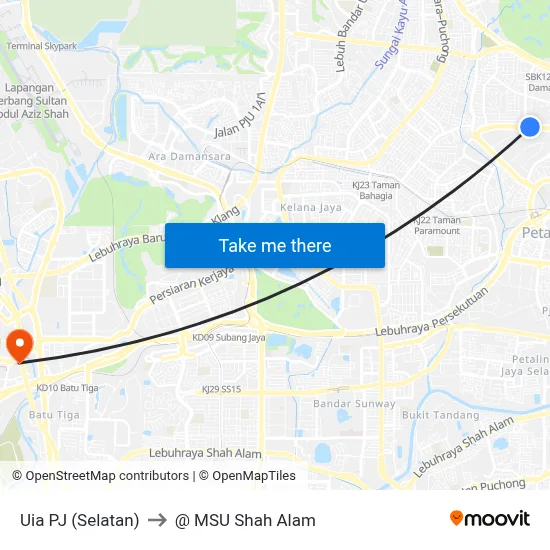 Uia PJ (Selatan) to @ MSU Shah Alam map