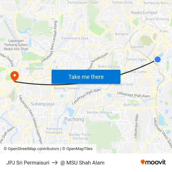JPJ Sri Permaisuri to @ MSU Shah Alam map