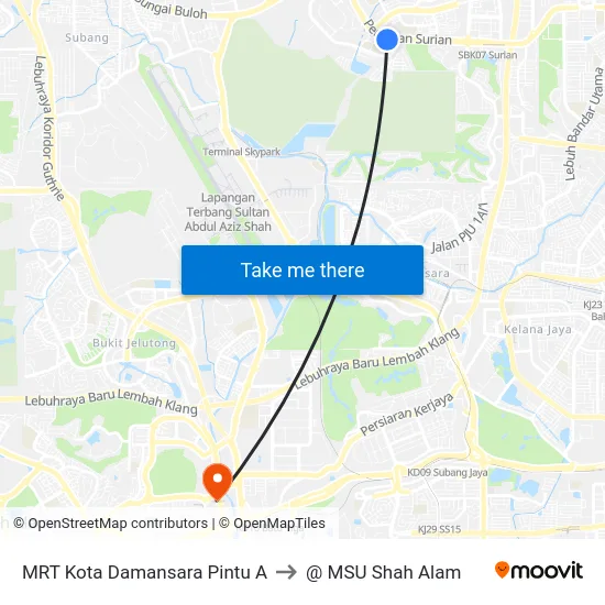 MRT Kota Damansara Pintu A to @ MSU Shah Alam map