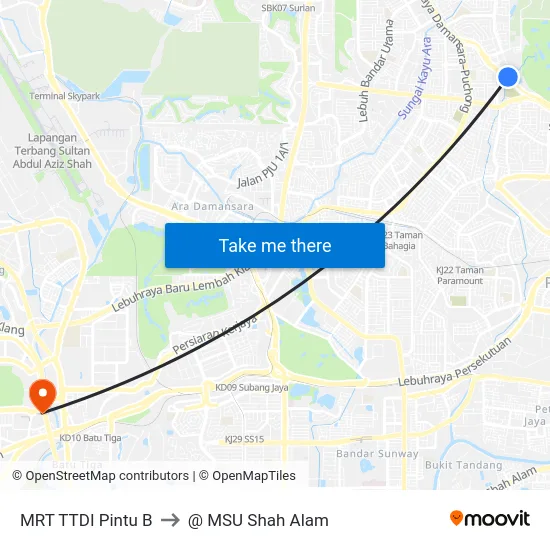 MRT TTDI Pintu B to @ MSU Shah Alam map