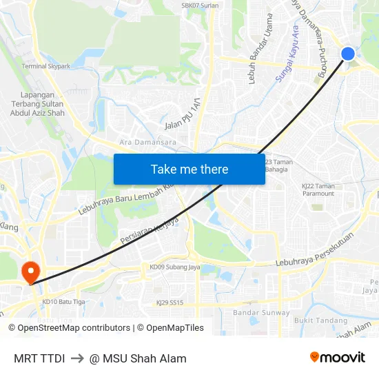 MRT TTDI to @ MSU Shah Alam map