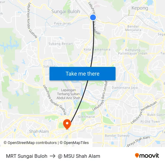 MRT Sungai Buloh to @ MSU Shah Alam map