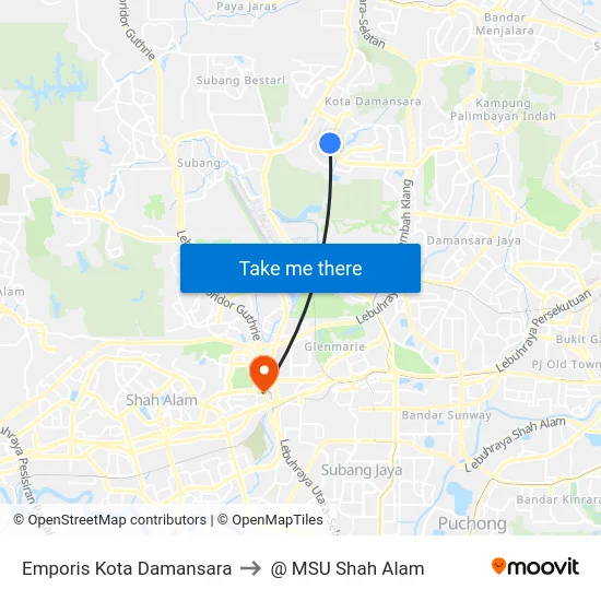 Emporis Kota Damansara to @ MSU Shah Alam map