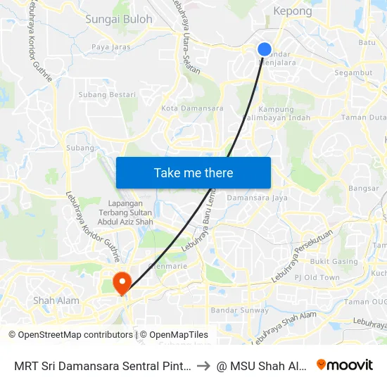MRT Sri Damansara Sentral Pintu A to @ MSU Shah Alam map