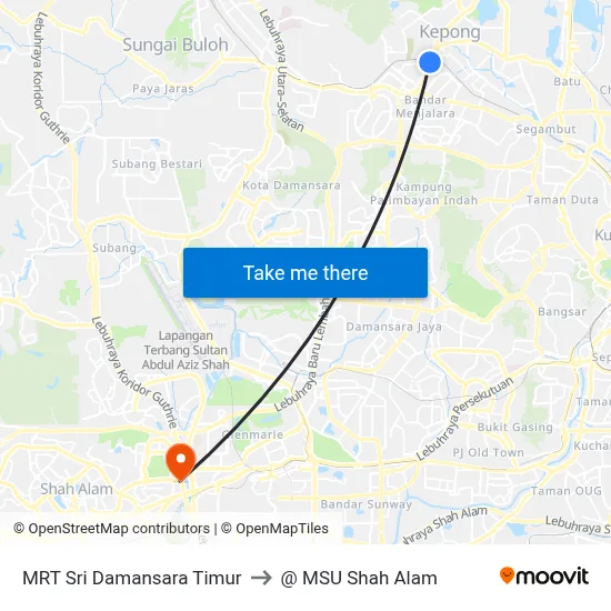 MRT Sri Damansara Timur to @ MSU Shah Alam map