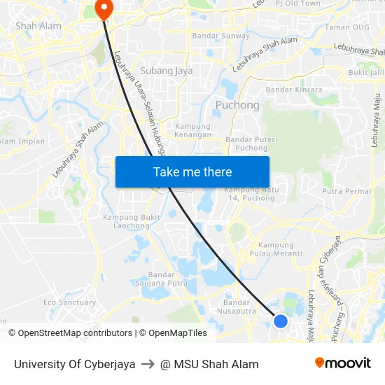 University Of Cyberjaya to @ MSU Shah Alam map