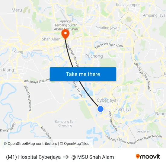 (M1) Hospital Cyberjaya to @ MSU Shah Alam map