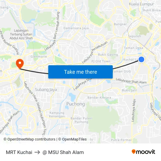 MRT Kuchai to @ MSU Shah Alam map