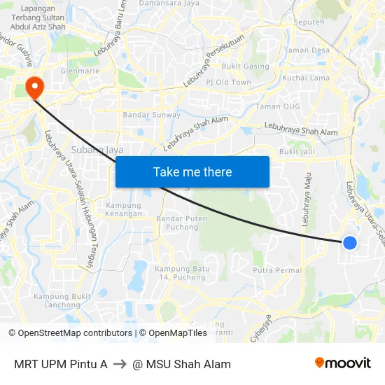 MRT UPM Pintu A to @ MSU Shah Alam map