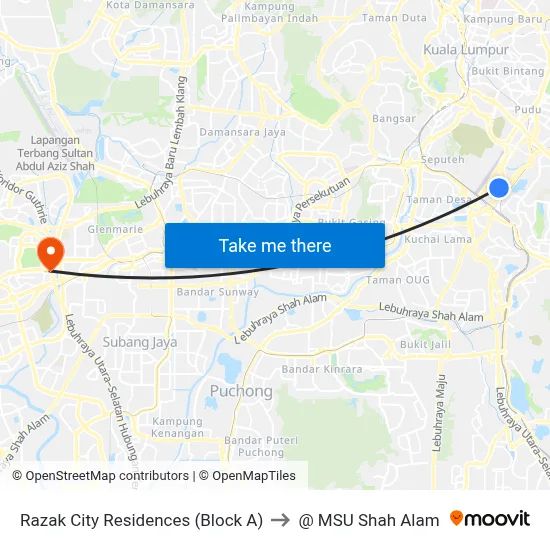Razak City Residences (Block A) to @ MSU Shah Alam map