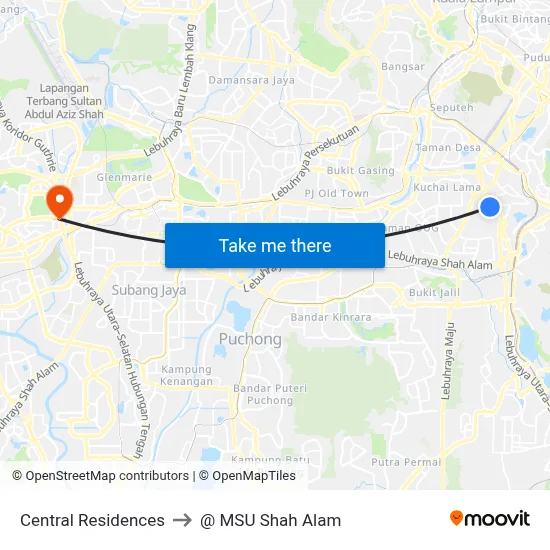 Central Residences to @ MSU Shah Alam map