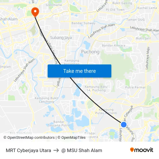MRT Cyberjaya Utara to @ MSU Shah Alam map